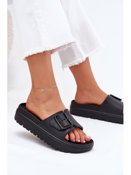 Womens Foam Slippers On Platform With Buckle Black Viasara