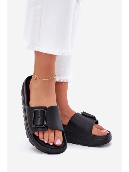 Womens Foam Slippers On Platform With Buckle Black Viasara