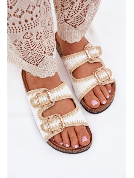 Crochet Women Slippers With Golden Buckles White Fenira