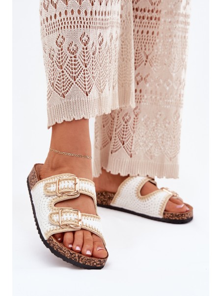 Crochet Women Slippers With Golden Buckles White Fenira