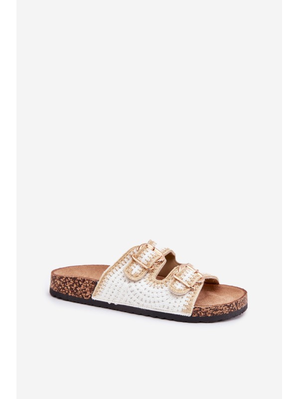 Crochet Women Slippers With Golden Buckles White Fenira