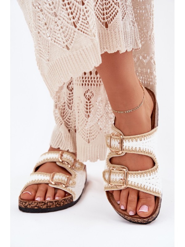 Crochet Women Slippers With Golden Buckles White Fenira