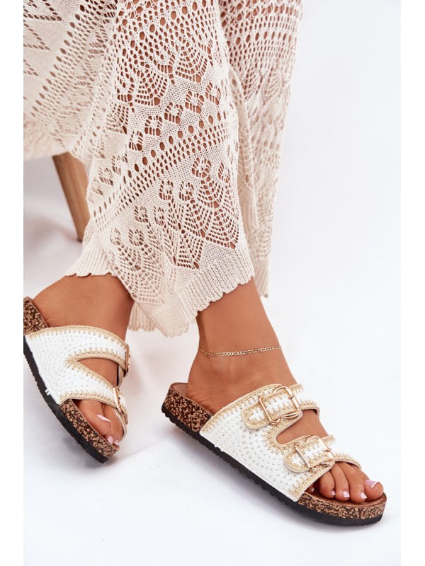 Crochet Women Slippers With Golden Buckles White Fenira