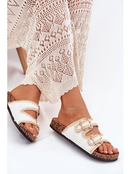 Crochet Women Slippers With Golden Buckles White Fenira