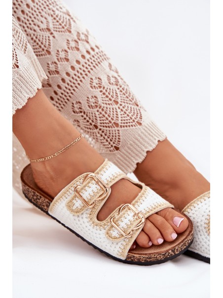 Crochet Women Slippers With Golden Buckles White Fenira