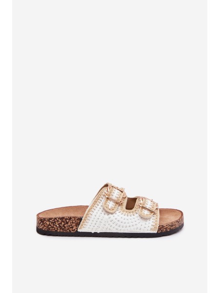 Crochet Women Slippers With Golden Buckles White Fenira
