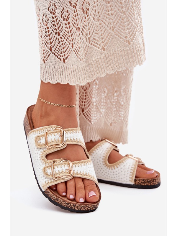 Crochet Women Slippers With Golden Buckles White Fenira
