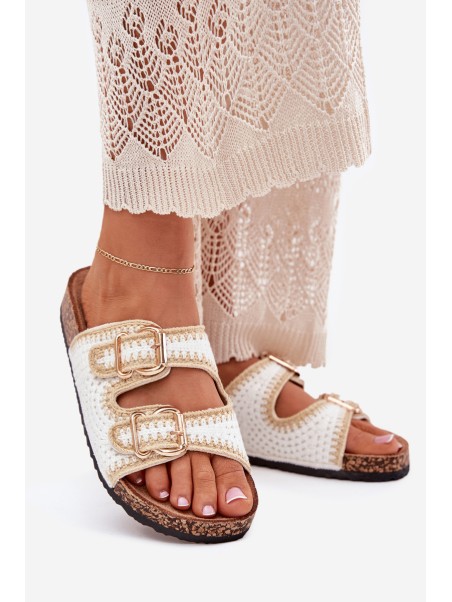 Crochet Women Slippers With Golden Buckles White Fenira