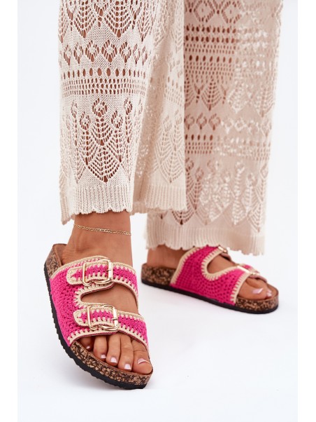 Crocheted Women's Slippers With Golden Buckles Fuchsia Fenira