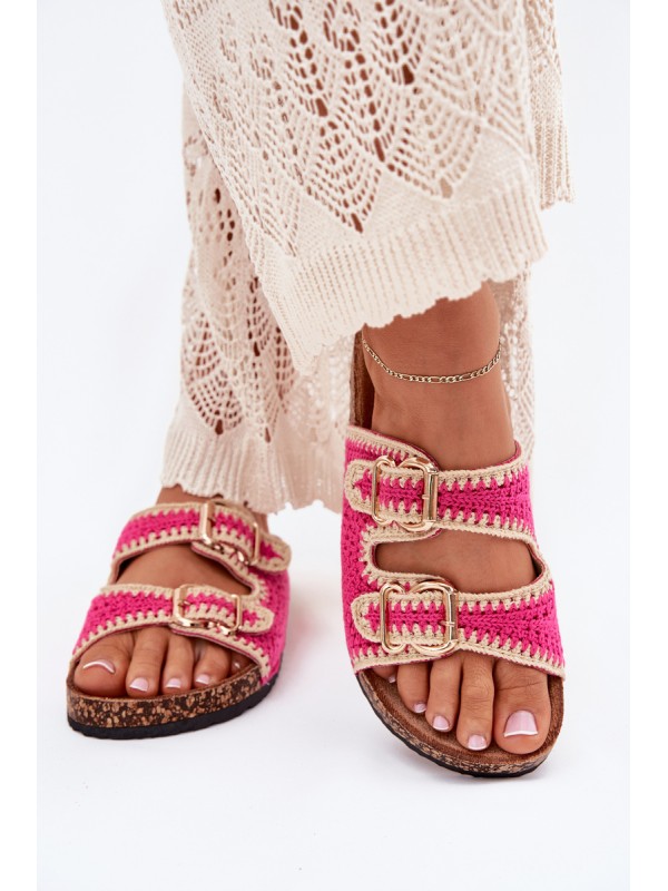 Crocheted Women's Slippers With Golden Buckles Fuchsia Fenira