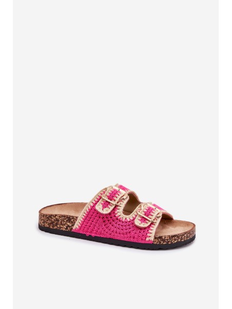 Crocheted Women's Slippers With Golden Buckles Fuchsia Fenira