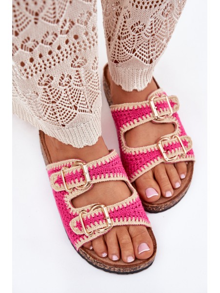 Crocheted Women's Slippers With Golden Buckles Fuchsia Fenira