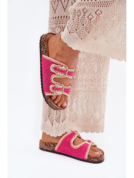 Crocheted Women's Slippers With Golden Buckles Fuchsia Fenira