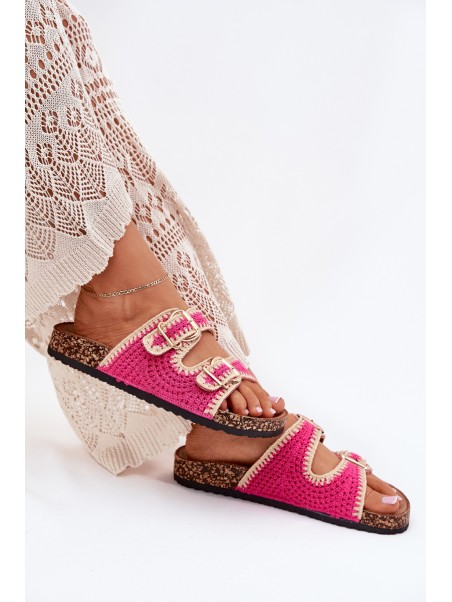 Crocheted Women's Slippers With Golden Buckles Fuchsia Fenira