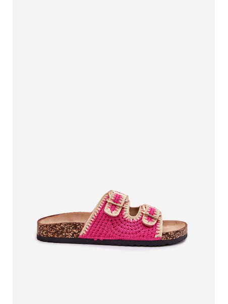 Crocheted Women's Slippers With Golden Buckles Fuchsia Fenira