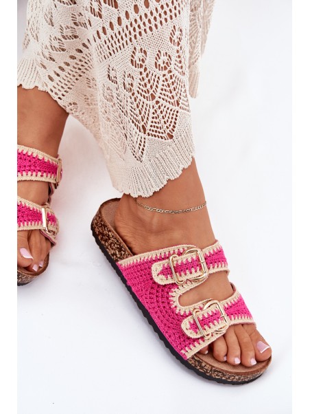 Crocheted Women's Slippers With Golden Buckles Fuchsia Fenira