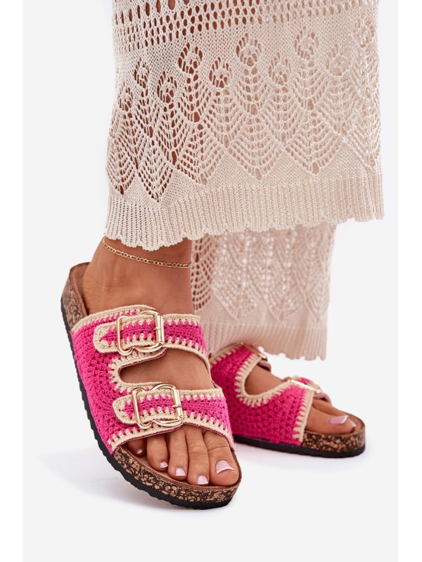 Crocheted Women's Slippers With Golden Buckles Fuchsia Fenira