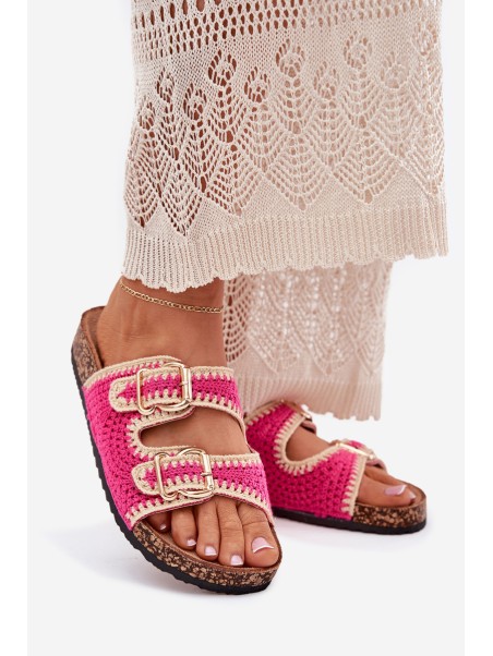 Crocheted Women's Slippers With Golden Buckles Fuchsia Fenira