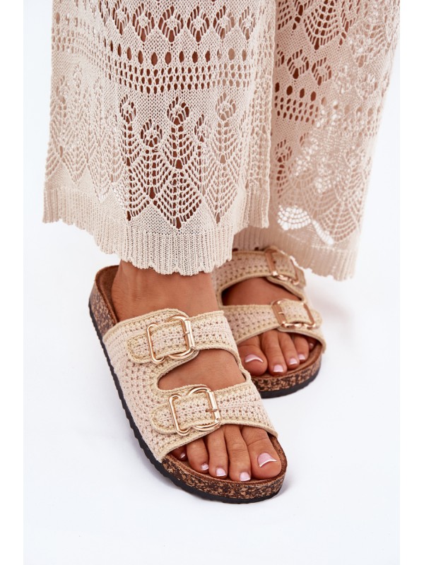 Crochet Women's Slippers With Golden Buckles Beige Fenira