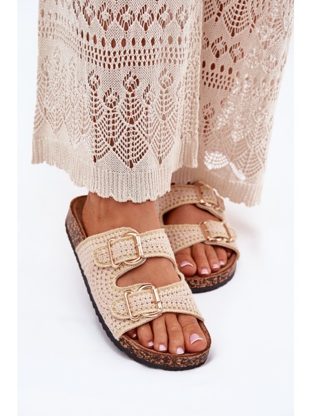 Crochet Women's Slippers With Golden Buckles Beige Fenira