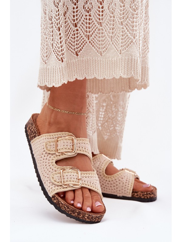 Crochet Women's Slippers With Golden Buckles Beige Fenira