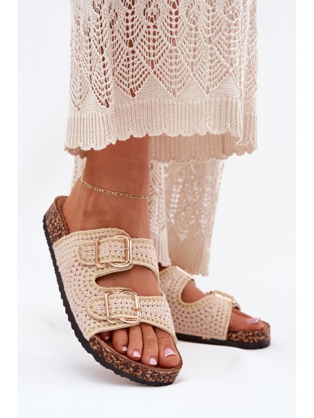 Crochet Women's Slippers With Golden Buckles Beige Fenira