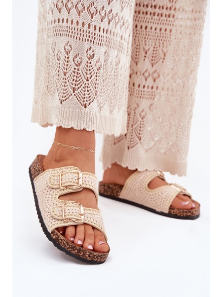 Crochet Women's Slippers With Golden Buckles Beige Fenira