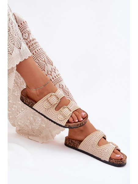 Crochet Women's Slippers With Golden Buckles Beige Fenira