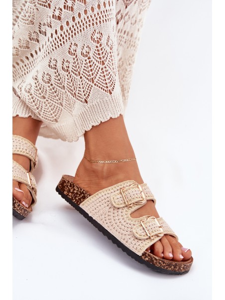 Crochet Women's Slippers With Golden Buckles Beige Fenira