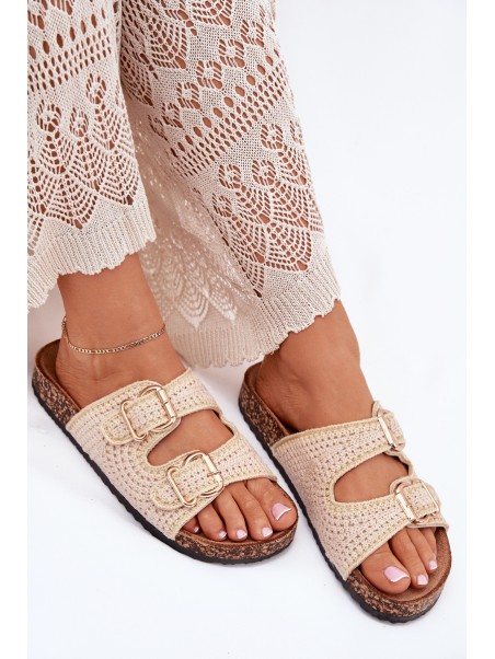 Crochet Women's Slippers With Golden Buckles Beige Fenira