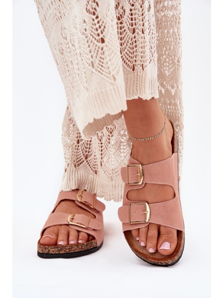 Women's sandals on cork platform with golden buckles pink Lisavionea