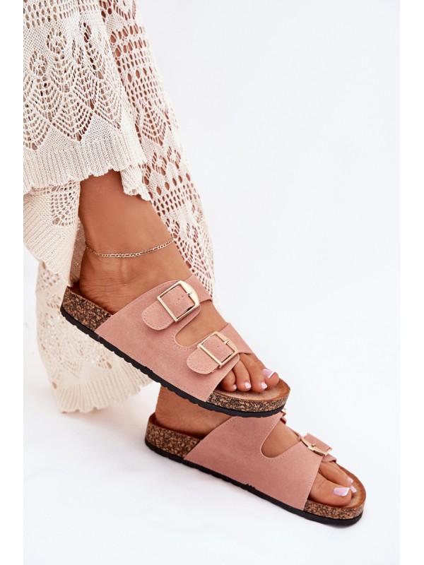 Women's sandals on cork platform with golden buckles pink Lisavionea