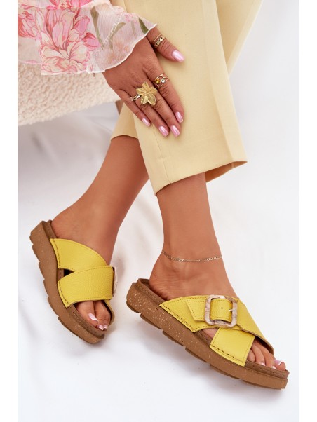 Leather Women's Slippers With Buckle Inblu ED0003IU Yellow