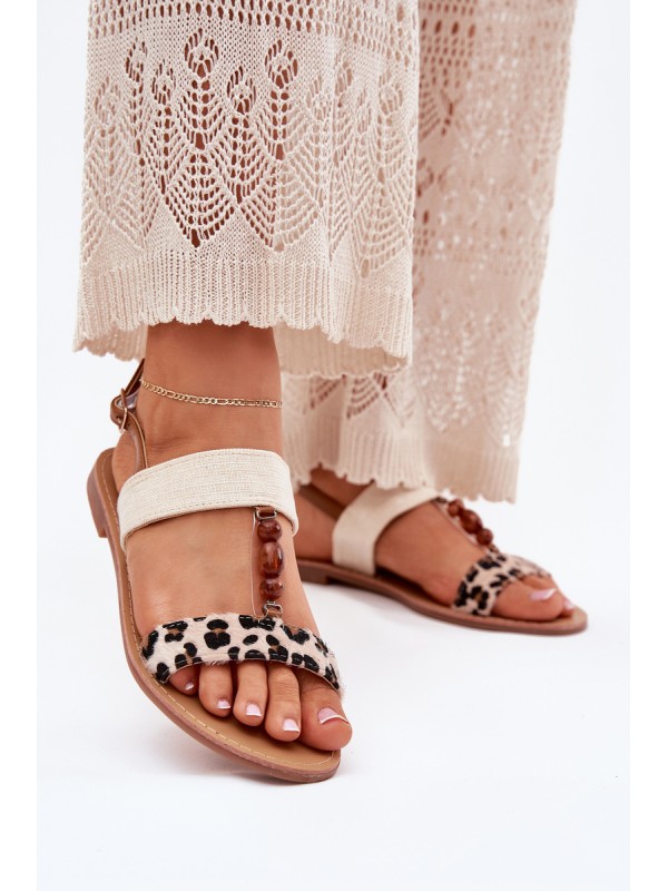 Flat Women Sandals With Beads Leopard Beige Virona