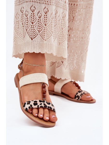 Flat Women Sandals With Beads Leopard Beige Virona