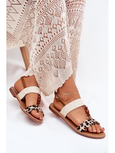 Flat Women Sandals With Beads Leopard Beige Virona