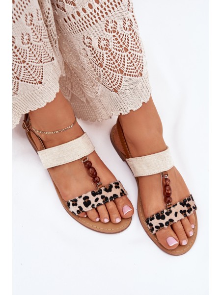 Flat Women Sandals With Beads Leopard Beige Virona