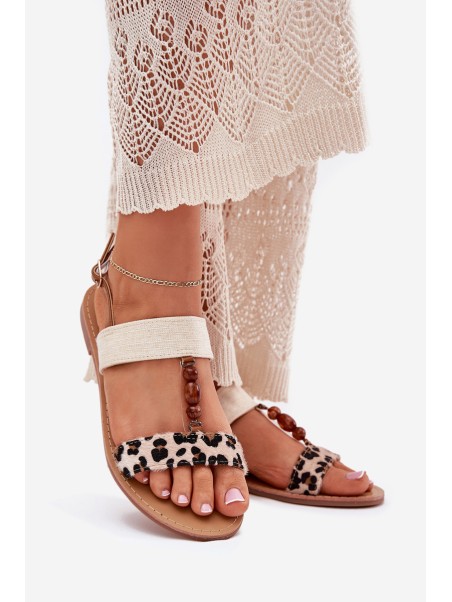 Flat Women Sandals With Beads Leopard Beige Virona