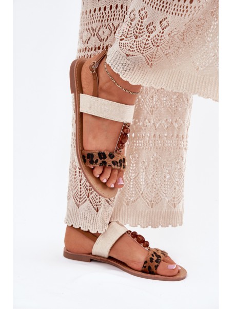 Flat Women's Sandals With Beads Leopard Brown Virona
