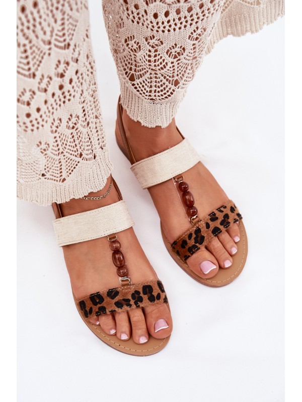 Flat Women's Sandals With Beads Leopard Brown Virona