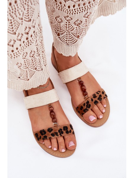 Flat Women's Sandals With Beads Leopard Brown Virona