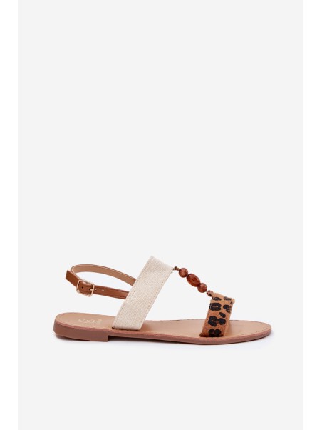 Flat Women's Sandals With Beads Leopard Brown Virona
