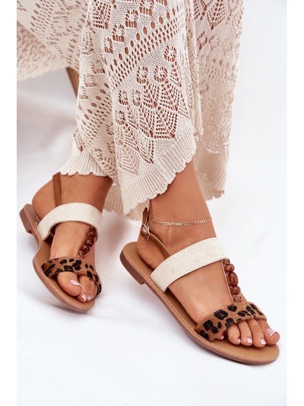 Flat Women's Sandals With Beads Leopard Brown Virona