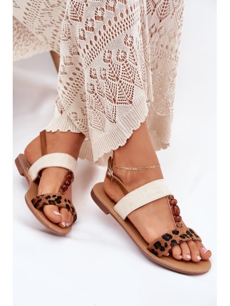 Flat Women's Sandals With Beads Leopard Brown Virona