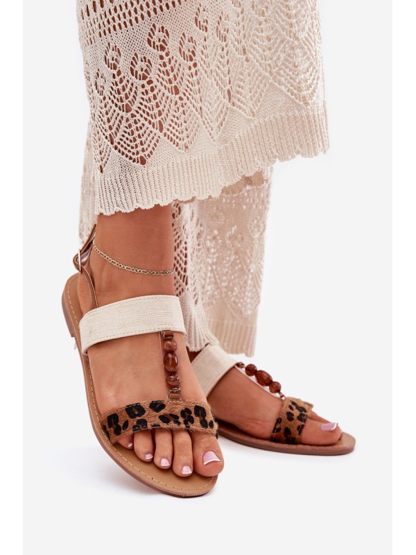 Flat Women's Sandals With Beads Leopard Brown Virona