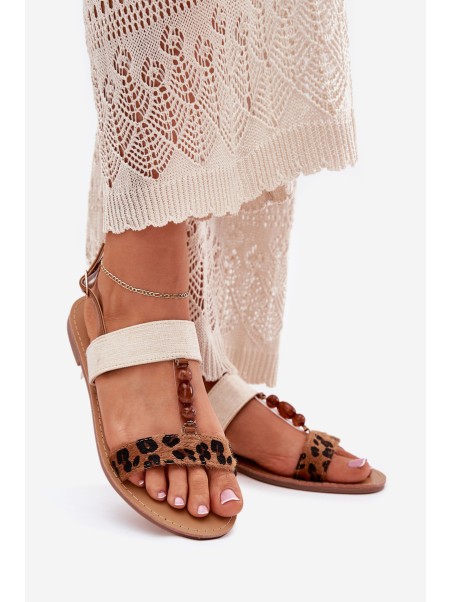 Flat Women's Sandals With Beads Leopard Brown Virona