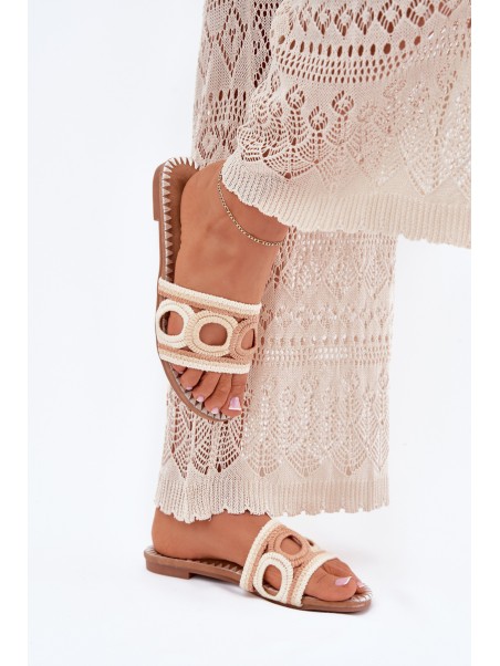 Crocheted women's slippers on a flat heel beige Nirina