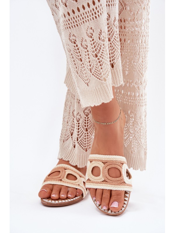Crocheted women's slippers on a flat heel beige Nirina