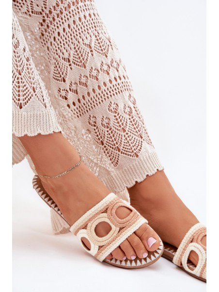 Crocheted women's slippers on a flat heel beige Nirina