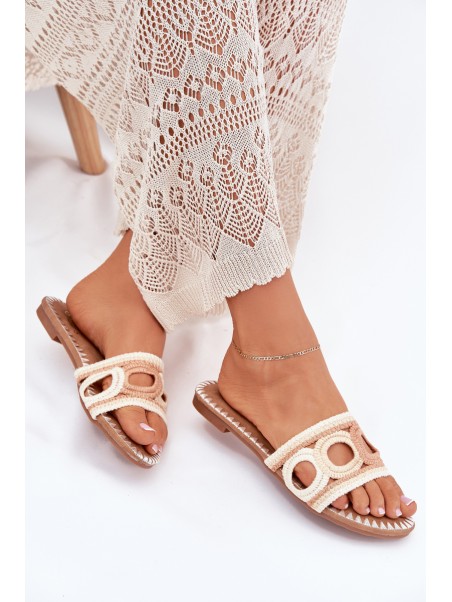 Crocheted women's slippers on a flat heel beige Nirina